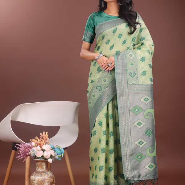 Astita Stylish Light Green Linen Cotton Saree with Woven Design - Lightweight Elegance for Everyday Grace - Distacart