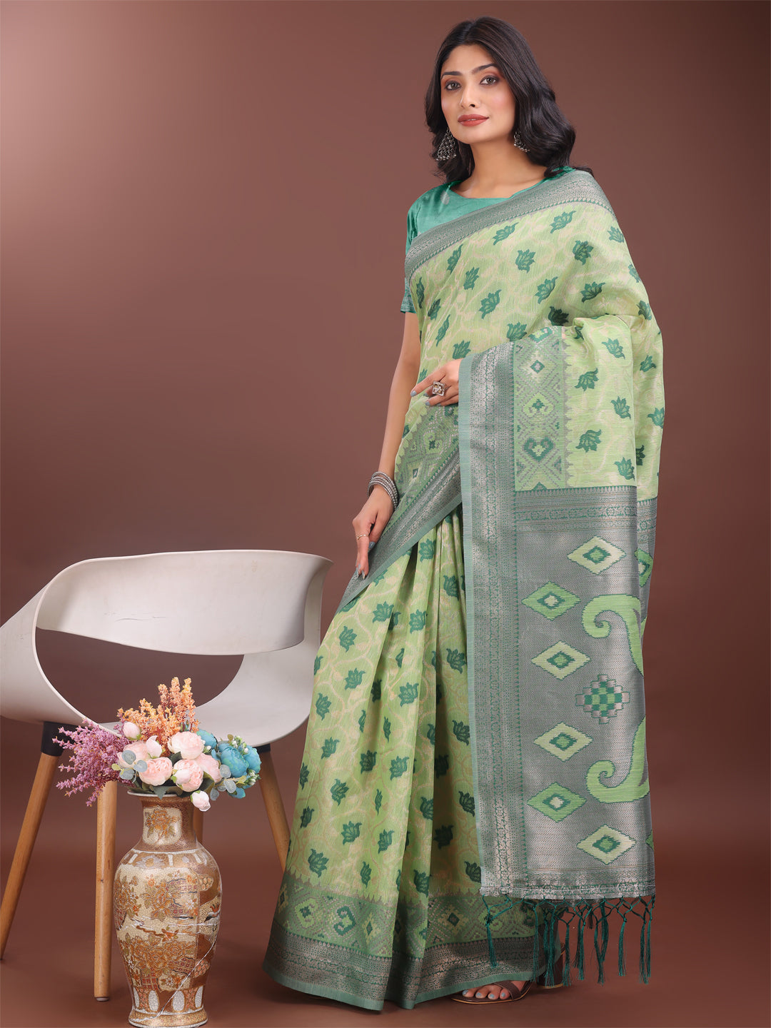 Astita Stylish Light Green Linen Cotton Saree with Woven Design - Lightweight Elegance for Everyday Grace - Distacart