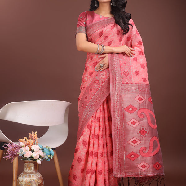 Astita Stylish Peach Linen Cotton Saree with Woven Design - Lightweight Elegance for Everyday Grace - Distacart