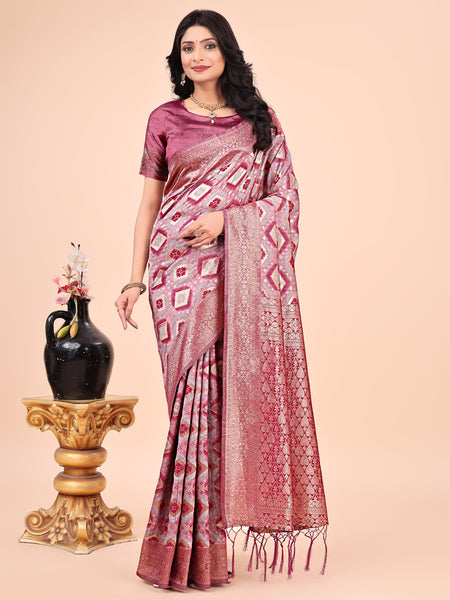 Astita Graceful Pink Lichi Silk Saree with Contrast Blue Woven Border & Floral Zari Design - Wedding & Festive Wear - Distacart