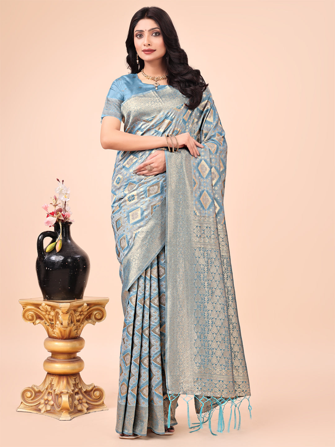 Astita Graceful Sky Blue Lichi Silk Saree with Contrast Blue Woven Border & Floral Zari Design - Wedding & Festive Wear - Distacart