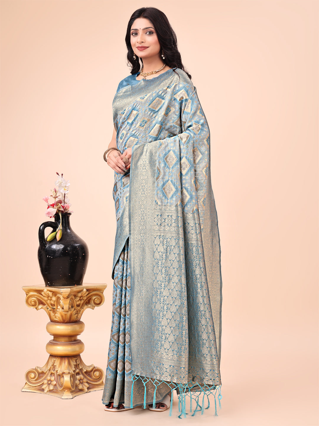 Astita Graceful Sky Blue Lichi Silk Saree with Contrast Blue Woven Border & Floral Zari Design - Wedding & Festive Wear - Distacart