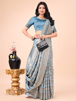 Thumbnail for Astita Graceful Sky Blue Lichi Silk Saree with Contrast Blue Woven Border & Floral Zari Design - Wedding & Festive Wear - Distacart