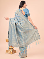 Thumbnail for Astita Graceful Sky Blue Lichi Silk Saree with Contrast Blue Woven Border & Floral Zari Design - Wedding & Festive Wear - Distacart