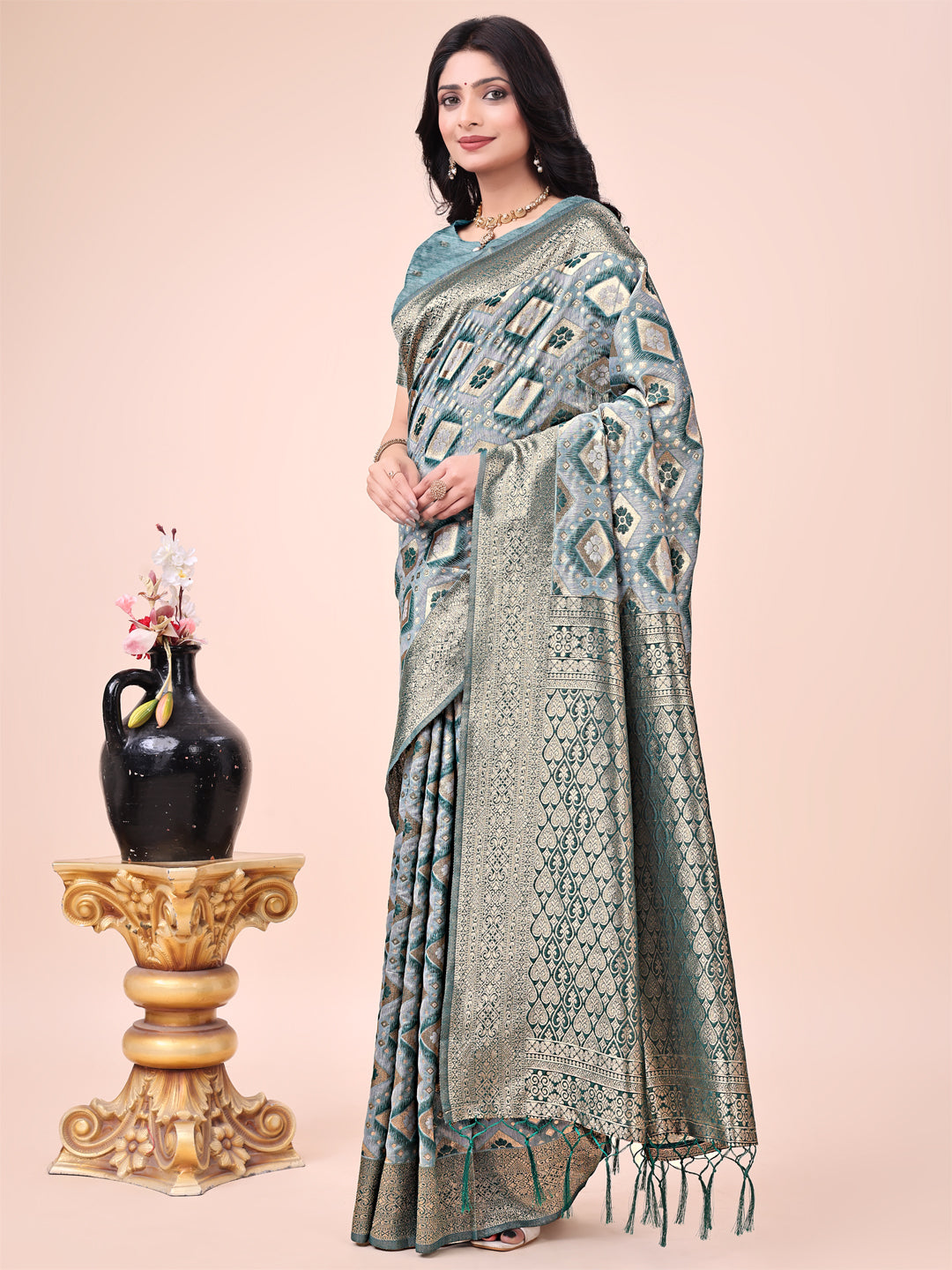 Astita Graceful Green Lichi Silk Saree with Contrast Blue Woven Border & Floral Zari Design - Wedding & Festive Wear - Distacart