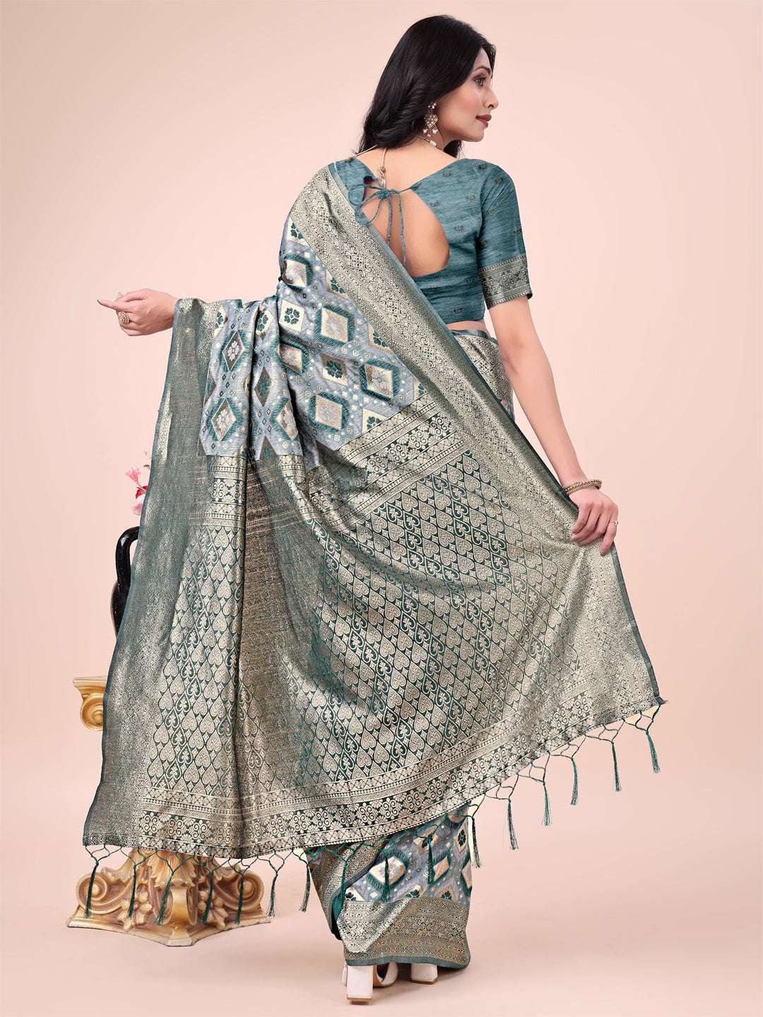 Astita Graceful Green Lichi Silk Saree with Contrast Blue Woven Border & Floral Zari Design - Wedding & Festive Wear - Distacart