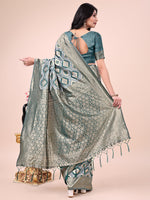 Thumbnail for Astita Graceful Green Lichi Silk Saree with Contrast Blue Woven Border & Floral Zari Design - Wedding & Festive Wear - Distacart