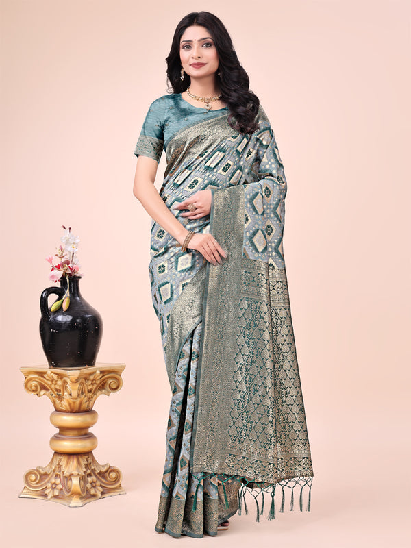 Astita Graceful Green Lichi Silk Saree with Contrast Blue Woven Border & Floral Zari Design - Wedding & Festive Wear - Distacart