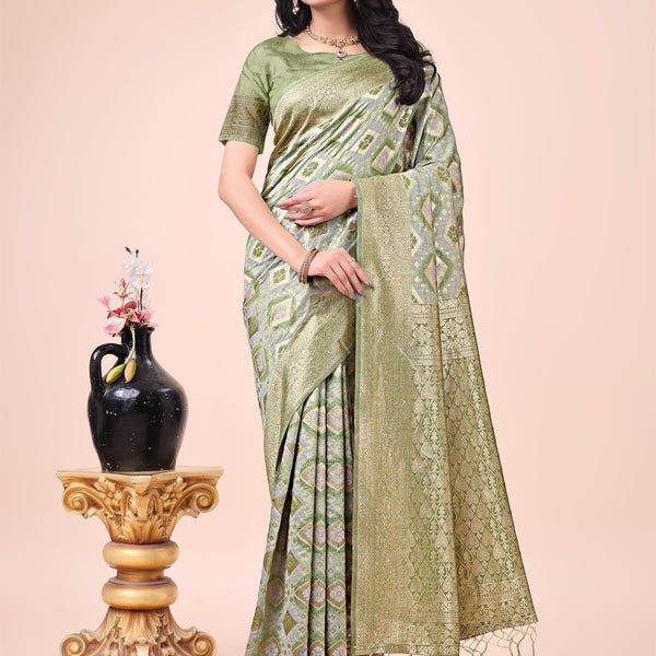 Astita Graceful Mehndi Green Lichi Silk Saree with Contrast Blue Woven Border & Floral Zari Design - Wedding & Festive Wear - Distacart