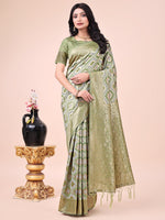 Thumbnail for Astita Graceful Mehndi Green Lichi Silk Saree with Contrast Blue Woven Border & Floral Zari Design - Wedding & Festive Wear - Distacart