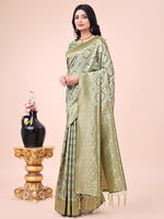 Thumbnail for Astita Graceful Mehndi Green Lichi Silk Saree with Contrast Blue Woven Border & Floral Zari Design - Wedding & Festive Wear - Distacart