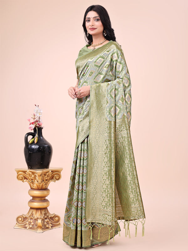 Astita Graceful Mehndi Green Lichi Silk Saree with Contrast Blue Woven Border & Floral Zari Design - Wedding & Festive Wear - Distacart