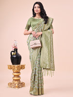 Thumbnail for Astita Graceful Mehndi Green Lichi Silk Saree with Contrast Blue Woven Border & Floral Zari Design - Wedding & Festive Wear - Distacart