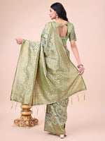Thumbnail for Astita Graceful Mehndi Green Lichi Silk Saree with Contrast Blue Woven Border & Floral Zari Design - Wedding & Festive Wear - Distacart