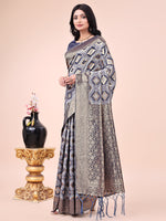 Thumbnail for Astita Graceful Navy Blue Lichi Silk Saree with Contrast Blue Woven Border & Floral Zari Design - Wedding & Festive Wear - Distacart