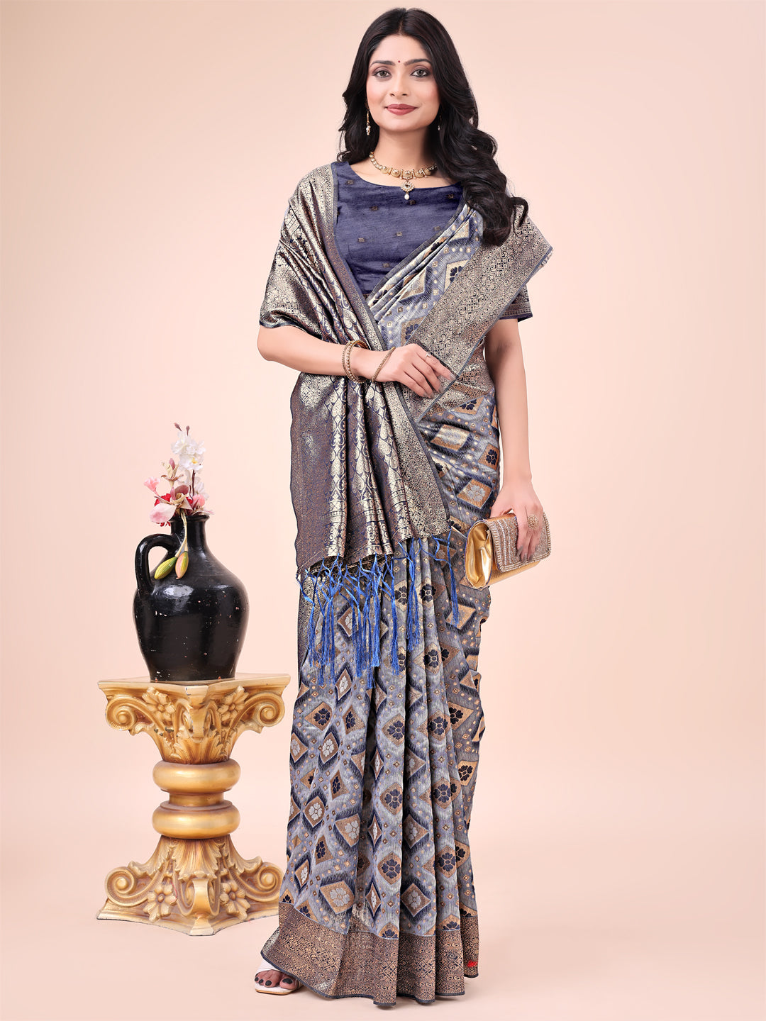 Astita Graceful Navy Blue Lichi Silk Saree with Contrast Blue Woven Border & Floral Zari Design - Wedding & Festive Wear - Distacart