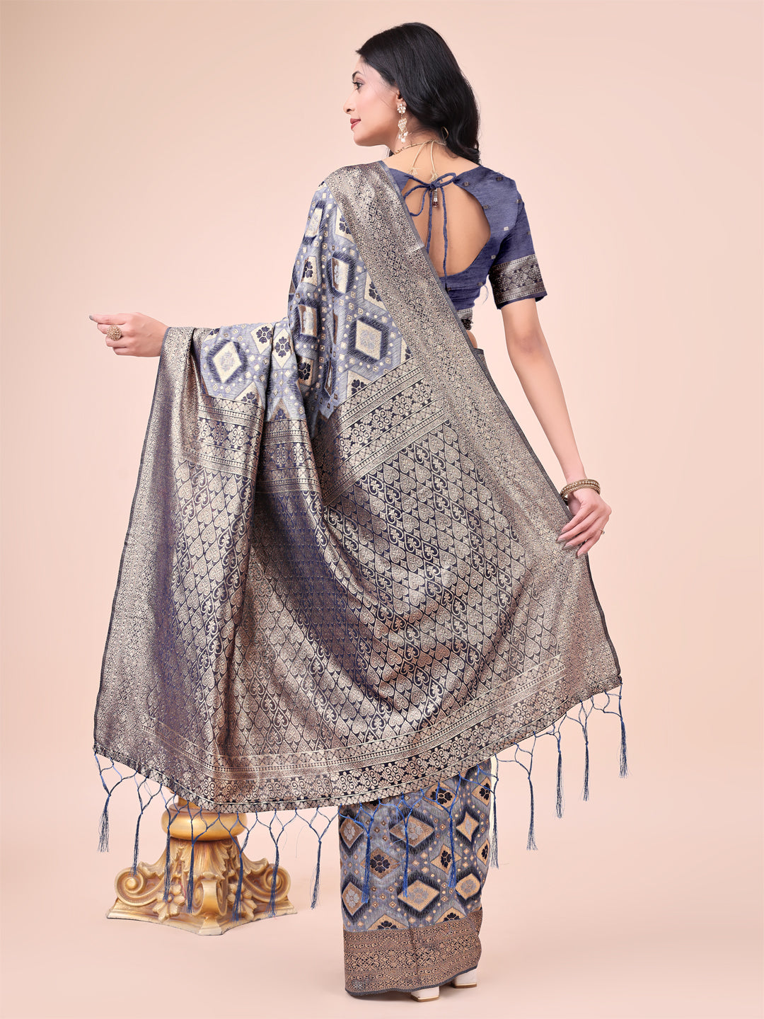 Astita Graceful Navy Blue Lichi Silk Saree with Contrast Blue Woven Border & Floral Zari Design - Wedding & Festive Wear - Distacart