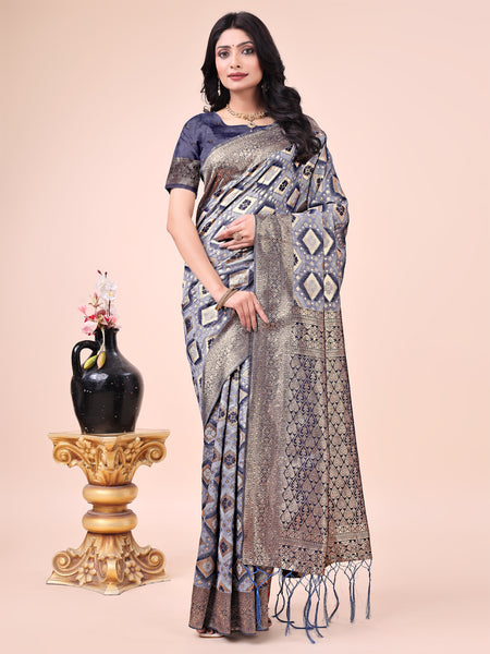 Astita Graceful Navy Blue Lichi Silk Saree with Contrast Blue Woven Border & Floral Zari Design - Wedding & Festive Wear - Distacart