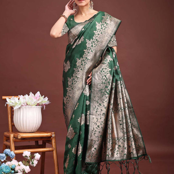 Astita Emerald Green Banarasi Silk Saree with Zari Floral Work - Elegance Woven in Every Thread - Distacart