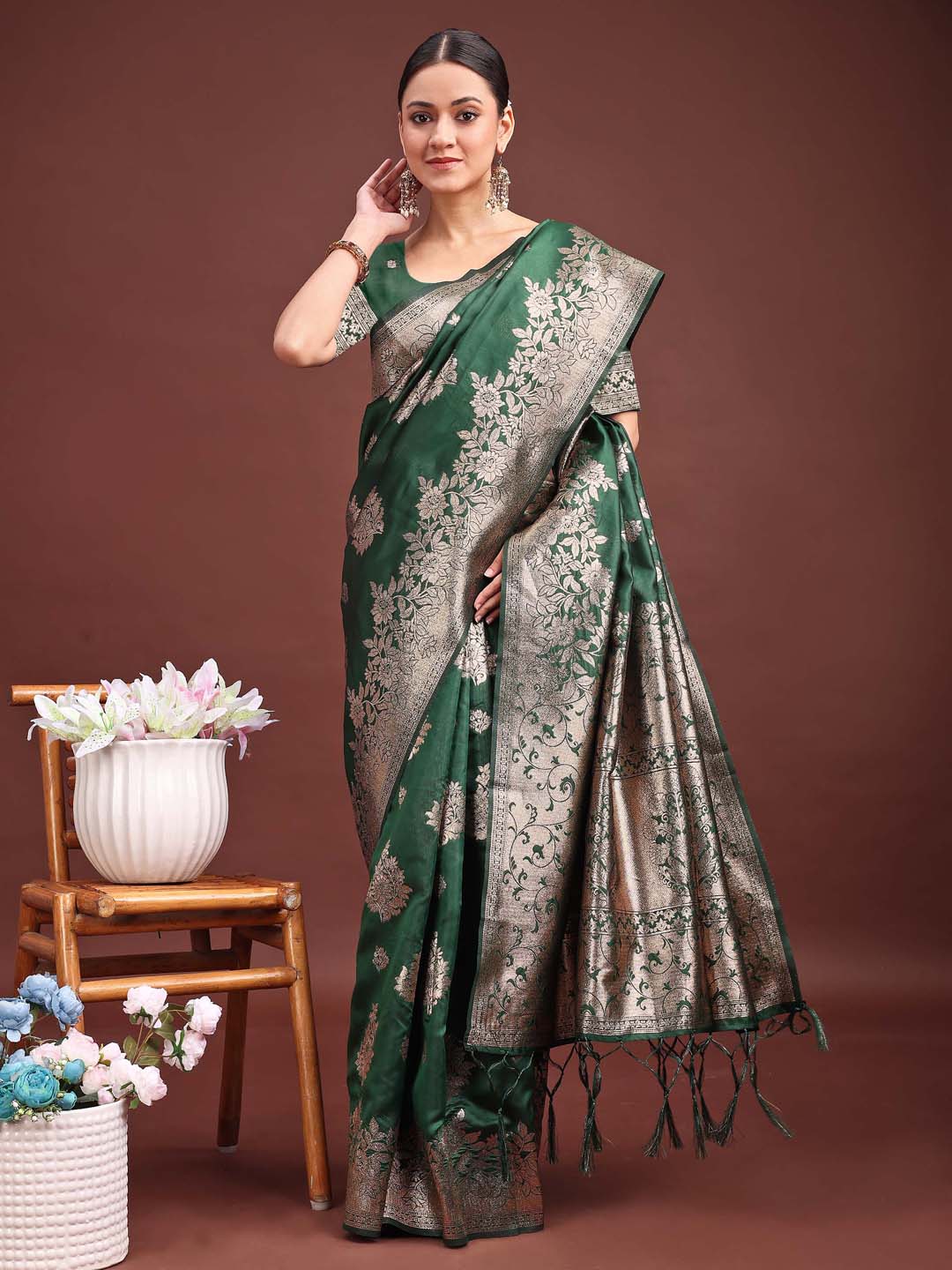 Shree Shyam Fashion Emerald Green Banarasi Silk Saree with Zari Floral Work - Elegance Woven in Every Thread - Distacart
