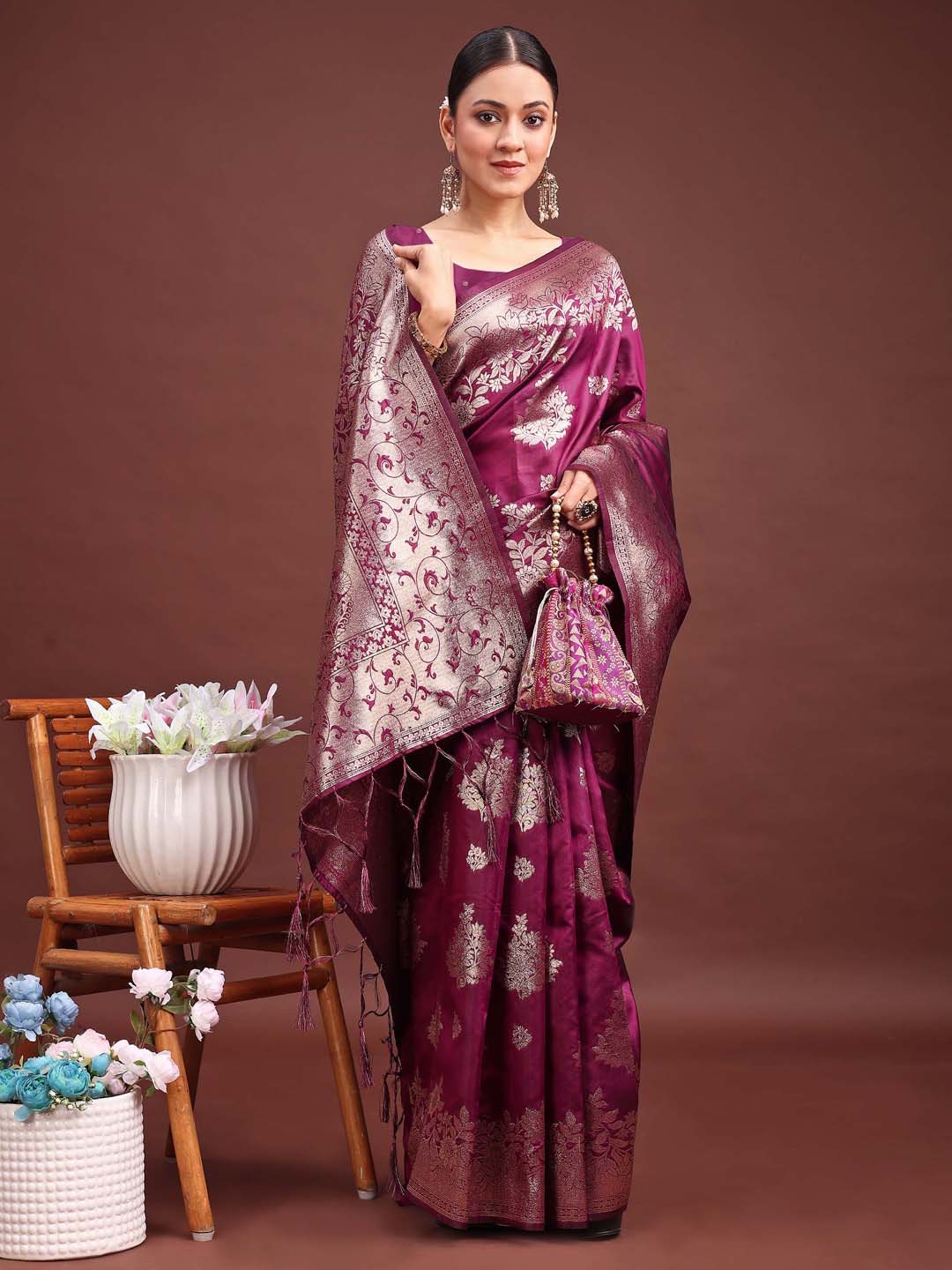 Astita Emerald Purple Banarasi Silk Saree with Zari Floral Work - Elegance Woven in Every Thread - Distacart
