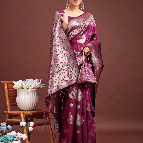 Astita Emerald Purple Banarasi Silk Saree with Zari Floral Work - Elegance Woven in Every Thread - Distacart