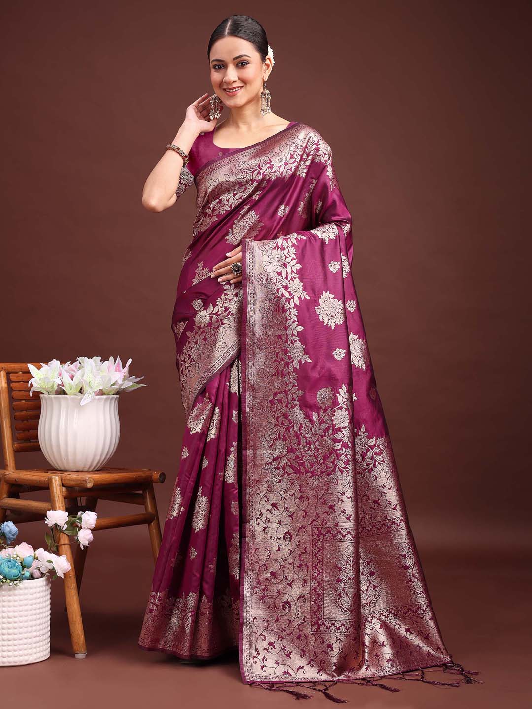 Astita Emerald Purple Banarasi Silk Saree with Zari Floral Work - Elegance Woven in Every Thread - Distacart