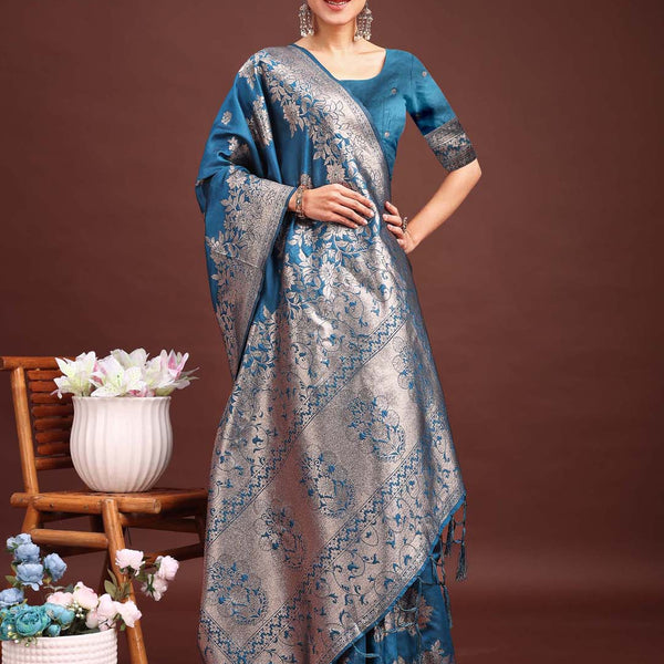 Astita Emerald Teal Green Banarasi Silk Saree with Zari Floral Work - Elegance Woven in Every Thread - Distacart