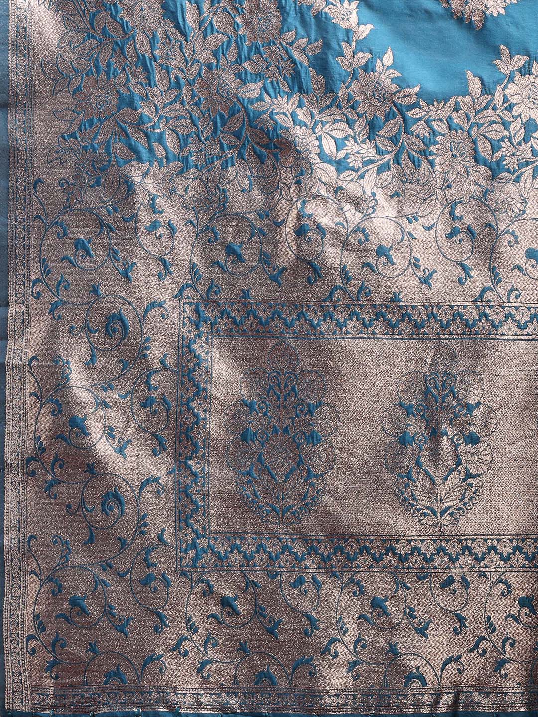 Astita Emerald Teal Green Banarasi Silk Saree with Zari Floral Work - Elegance Woven in Every Thread - Distacart