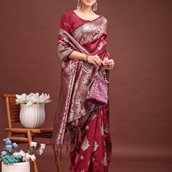 Astita Emerald Maroon Banarasi Silk Saree with Zari Floral Work - Elegance Woven in Every Thread - Distacart