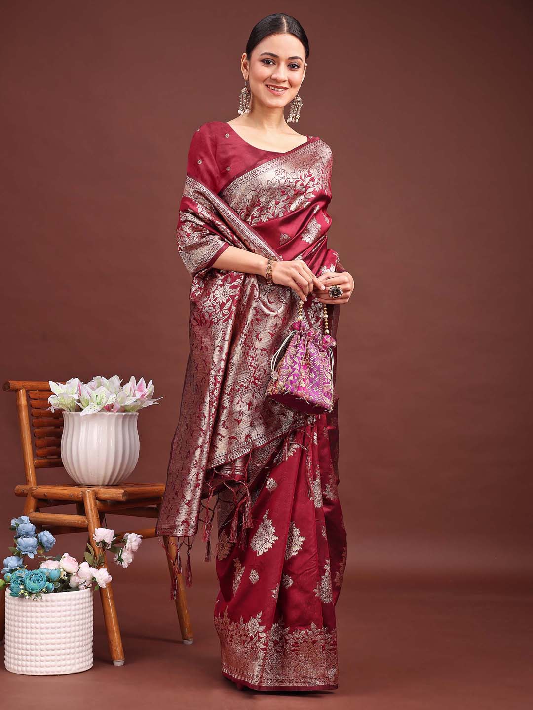 Shree Shyam Fashion Emerald Maroon Banarasi Silk Saree with Zari Floral Work - Elegance Woven in Every Thread - Distacart