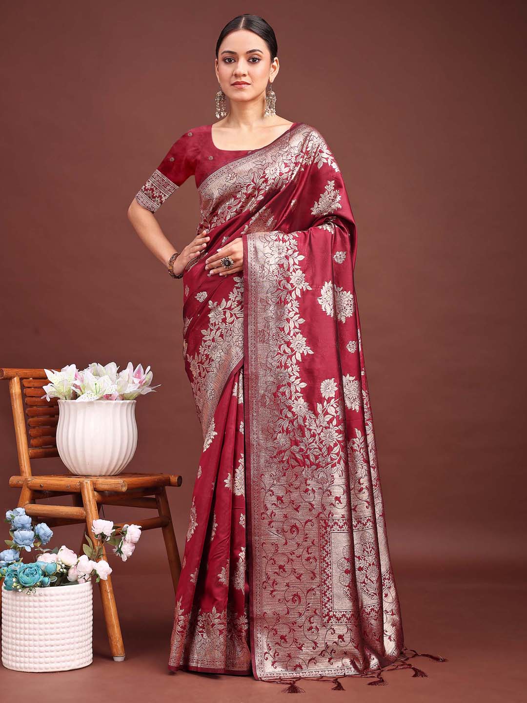 Astita Emerald Maroon Banarasi Silk Saree with Zari Floral Work - Elegance Woven in Every Thread - Distacart