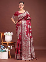 Thumbnail for Astita Emerald Maroon Banarasi Silk Saree with Zari Floral Work - Elegance Woven in Every Thread - Distacart