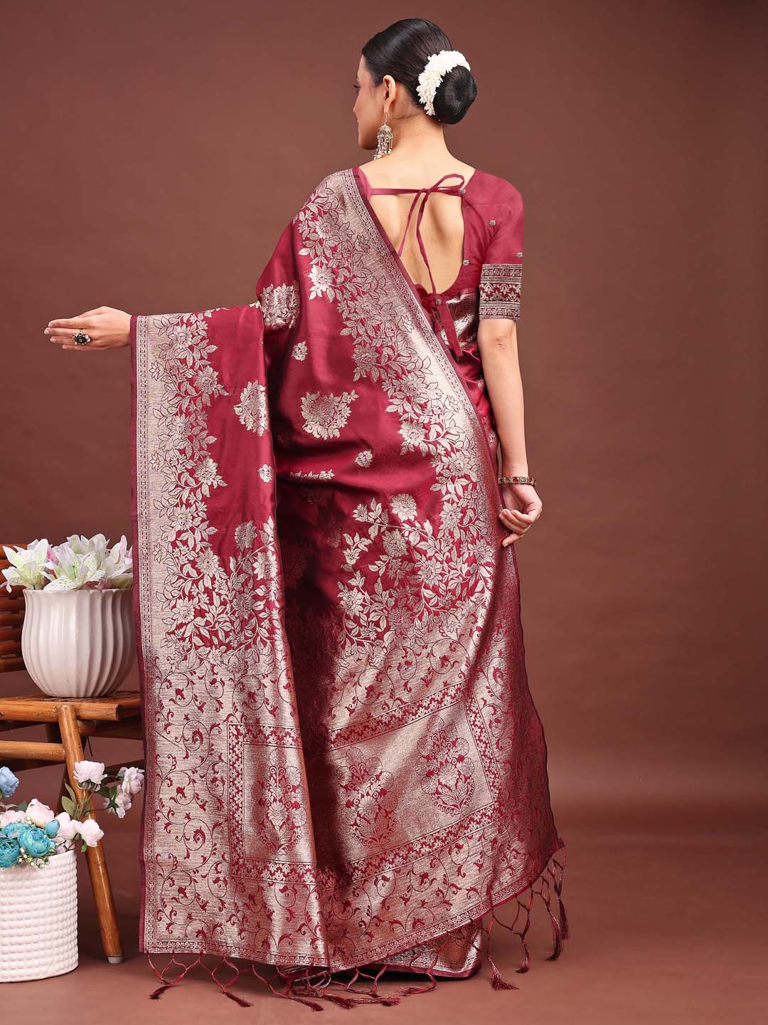 Astita Emerald Maroon Banarasi Silk Saree with Zari Floral Work - Elegance Woven in Every Thread - Distacart
