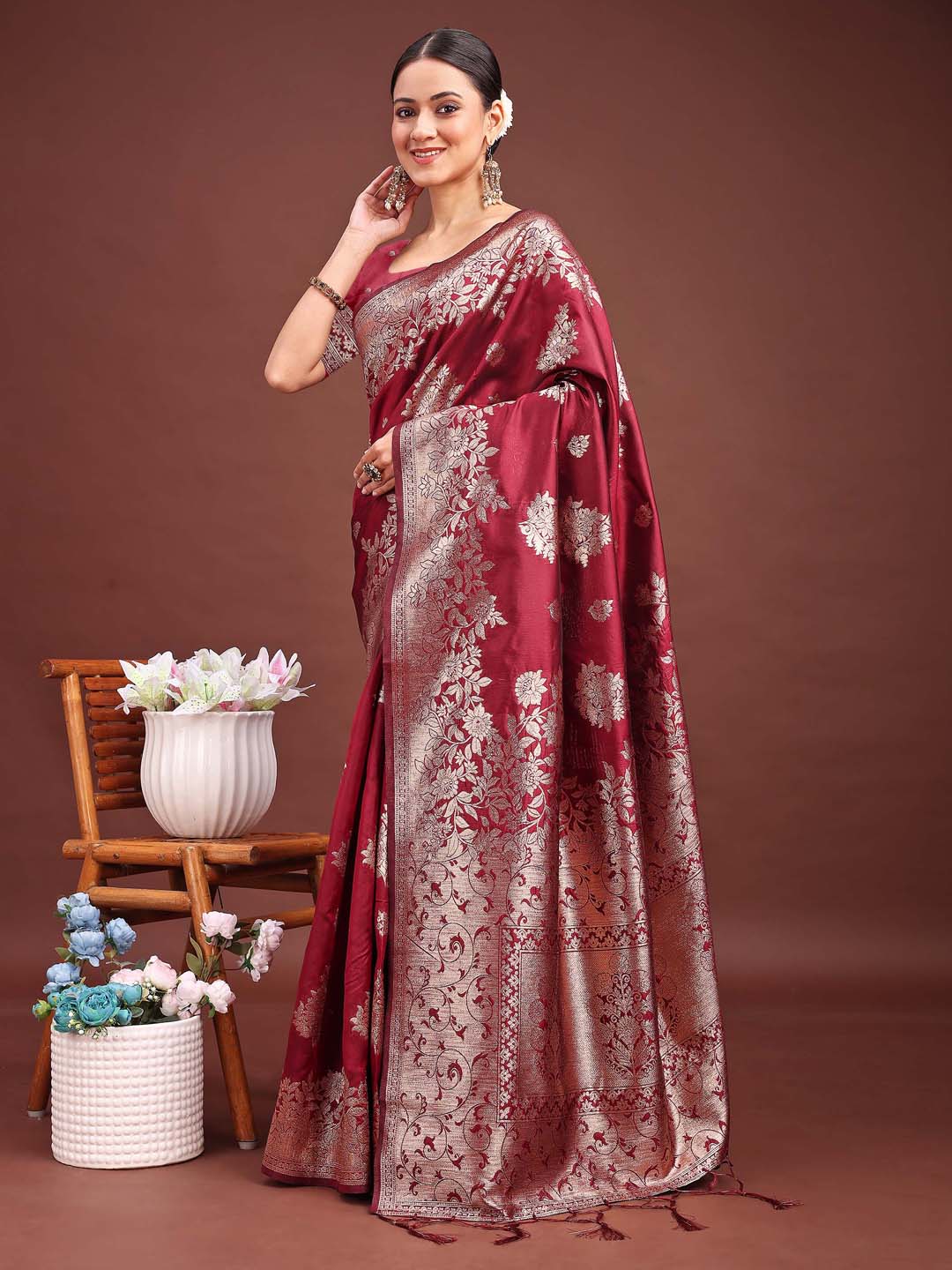 Astita Emerald Maroon Banarasi Silk Saree with Zari Floral Work - Elegance Woven in Every Thread - Distacart