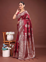 Thumbnail for Astita Emerald Maroon Banarasi Silk Saree with Zari Floral Work - Elegance Woven in Every Thread - Distacart