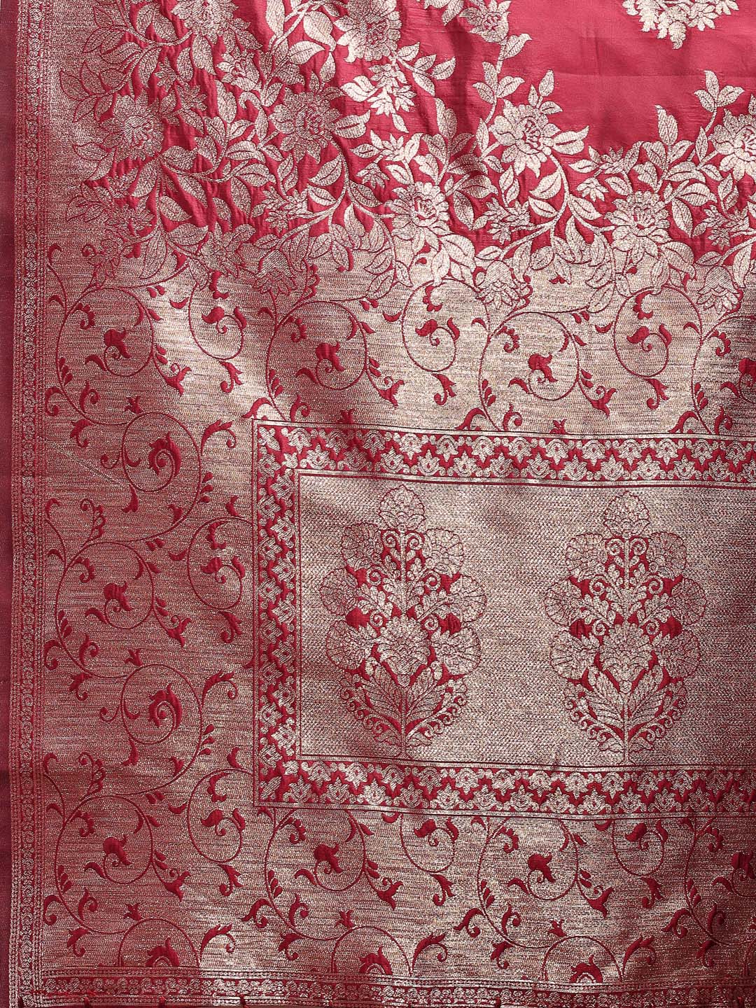 Astita Emerald Maroon Banarasi Silk Saree with Zari Floral Work - Elegance Woven in Every Thread - Distacart