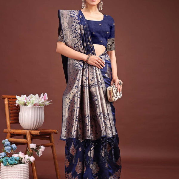 Astita Emerald Navy Blue Banarasi Silk Saree with Zari Floral Work - Elegance Woven in Every Thread - Distacart
