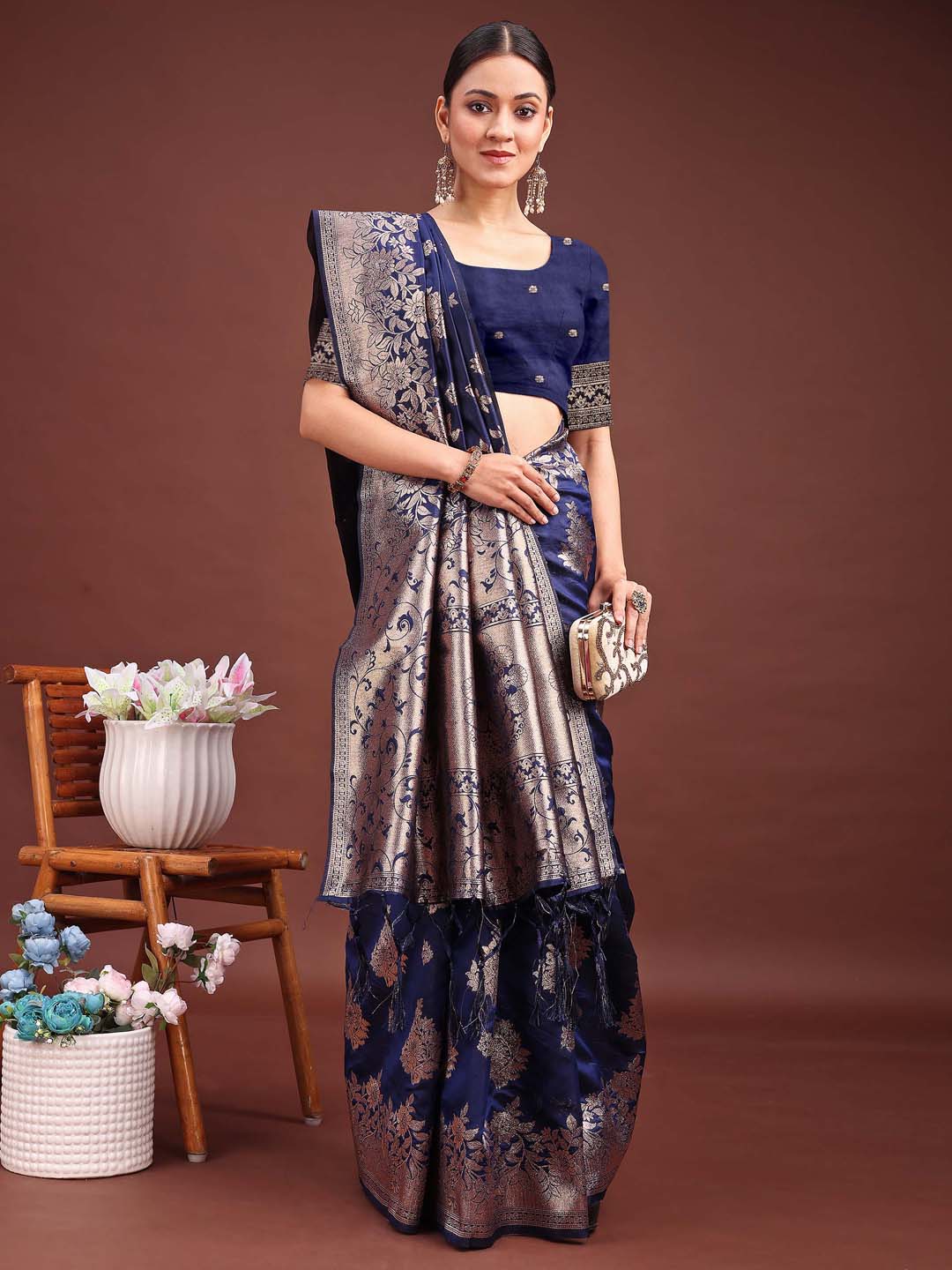Shree Shyam Fashion Emerald Navy Blue Banarasi Silk Saree with Zari Floral Work - Elegance Woven in Every Thread - Distacart