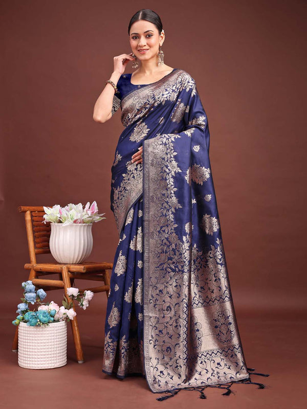 Astita Emerald Navy Blue Banarasi Silk Saree with Zari Floral Work - Elegance Woven in Every Thread - Distacart