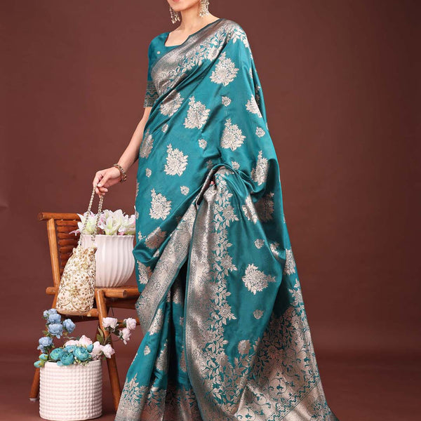 Astita Emerald Sea Green Banarasi Silk Saree with Zari Floral Work - Elegance Woven in Every Thread - Distacart