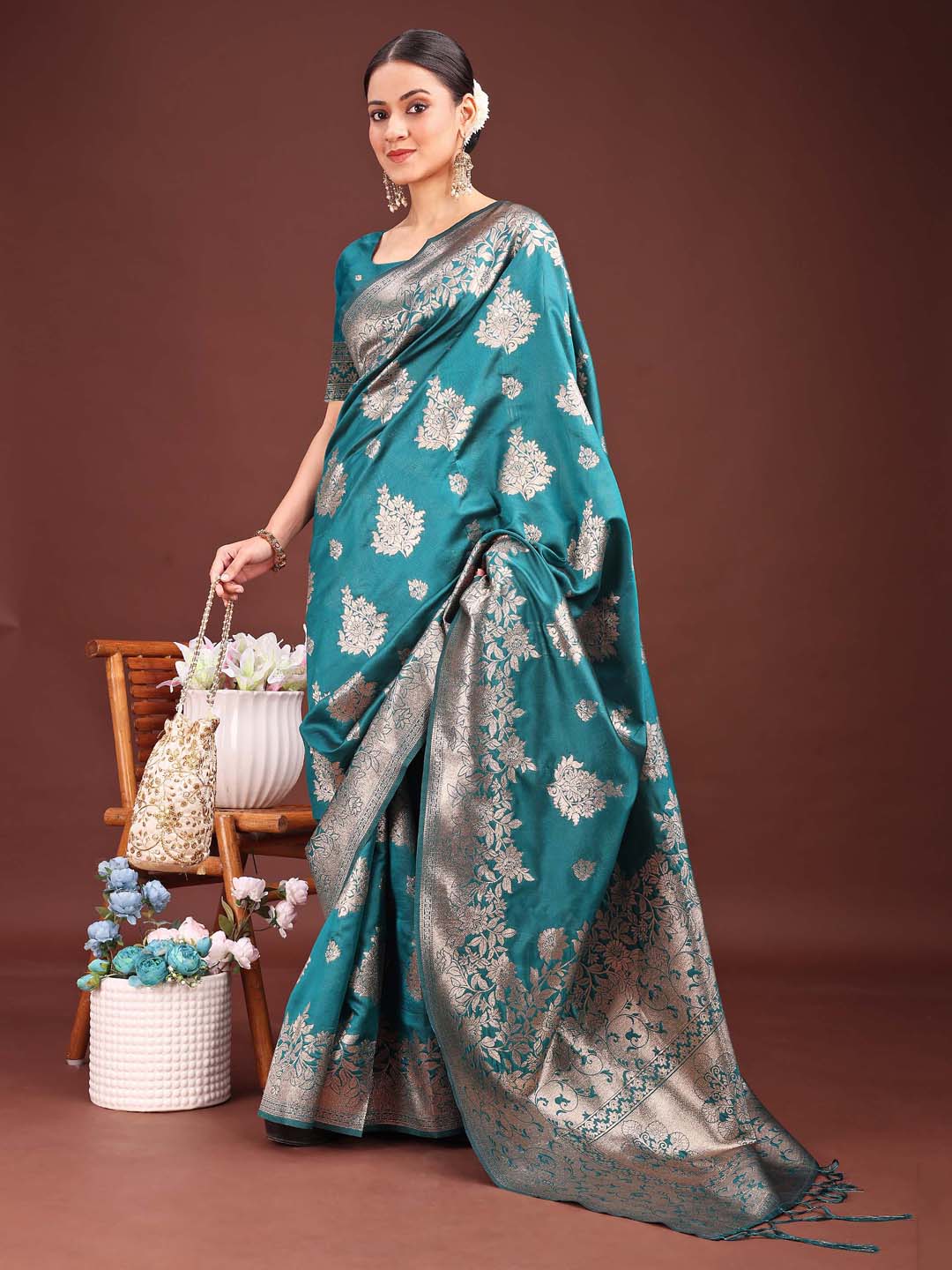 Shree Shyam Fashion Emerald Sea Green Banarasi Silk Saree with Zari Floral Work - Elegance Woven in Every Thread - Distacart