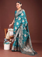 Thumbnail for Astita Emerald Sea Green Banarasi Silk Saree with Zari Floral Work - Elegance Woven in Every Thread - Distacart