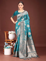 Thumbnail for Astita Emerald Sea Green Banarasi Silk Saree with Zari Floral Work - Elegance Woven in Every Thread - Distacart
