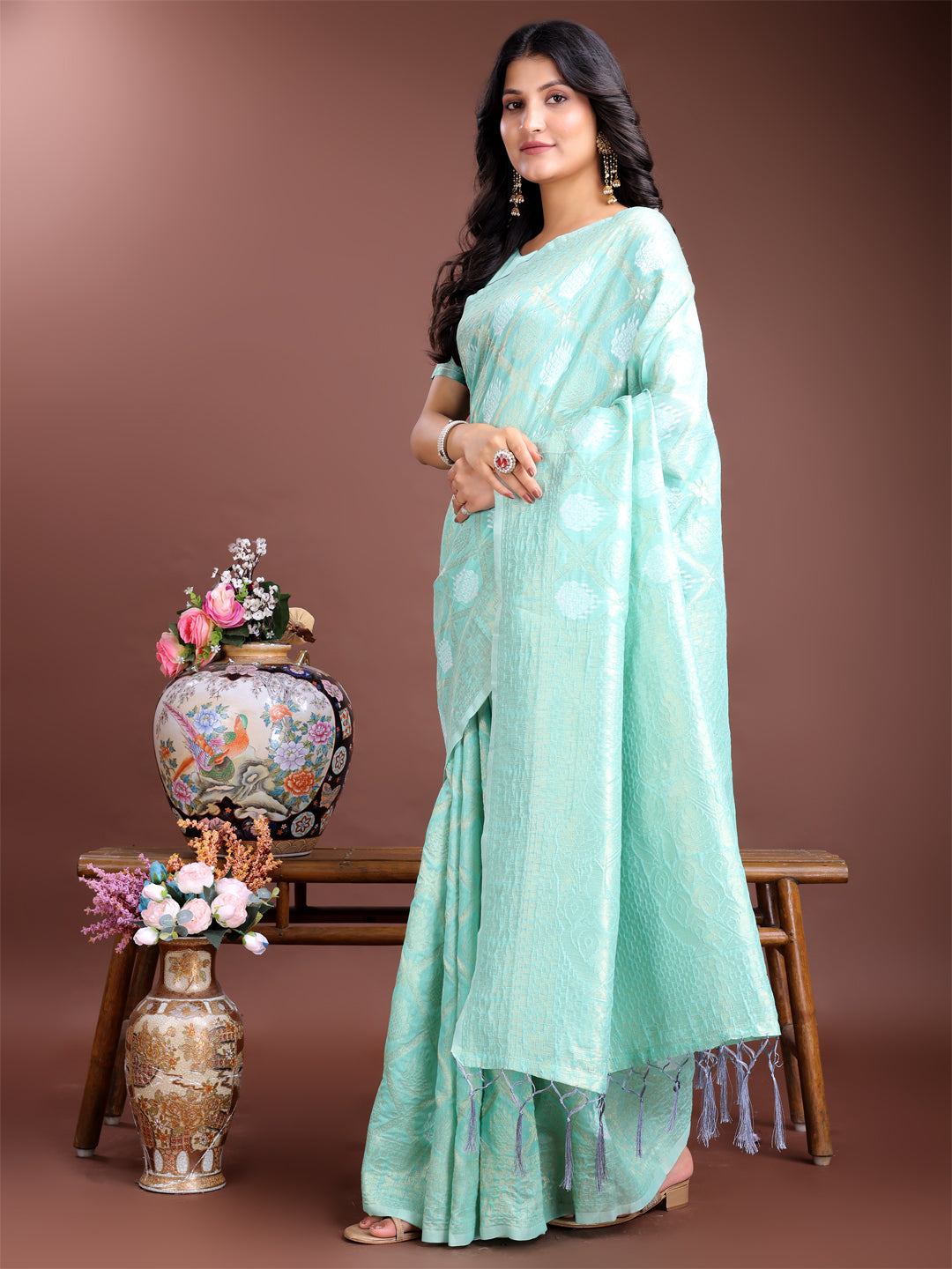 Astita Sea Green Cotton Woven Zari Work Traditional Tassel Saree - Distacart
