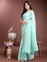Thumbnail for Astita Sea Green Cotton Woven Zari Work Traditional Tassel Saree - Distacart