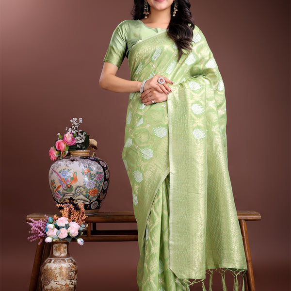 Astita Light Green Cotton Woven Zari Work Traditional Tassel Saree - Distacart