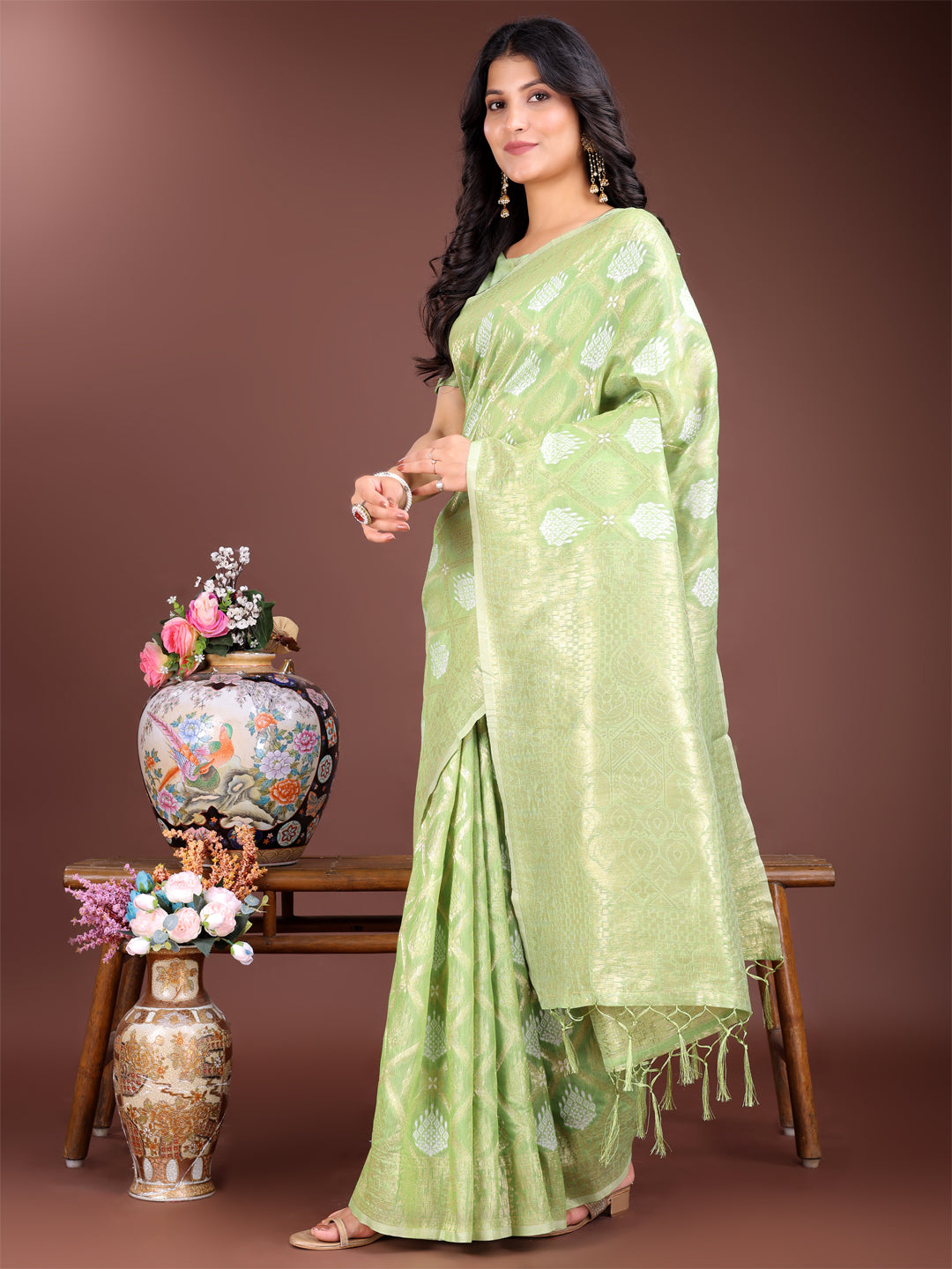 Astita Light Green Cotton Woven Zari Work Traditional Tassel Saree - Distacart