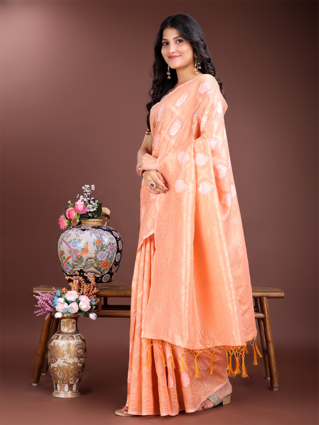 Astita Orange Cotton Woven Zari Work Traditional Tassel Saree - Distacart