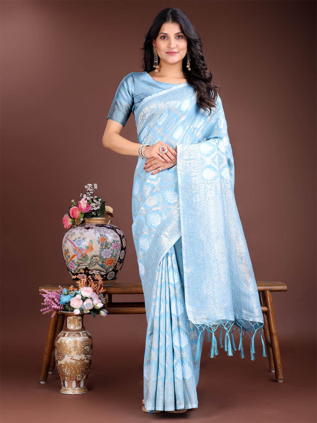 Astita Sky Blue Cotton Woven Zari Work Traditional Tassel Saree - Distacart